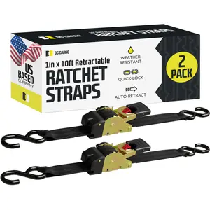 DC Cargo - Retractable Ratchet Straps, 2 Pack (1 inch x 10 feet) - Heavy Duty Tie Down Auto Retractable Ratchet Straps - Easy Self Contained Black Ratchet Strap Tie Downs for Trailers, Vehicles, Boat