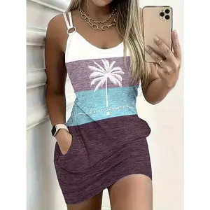 Women's Tropical Palm Print Sleeveless High Waist Dress - Bright Pink and Turquoise Summer Beach Decorative Buckle Design, Stretch Casual to Semi-Formal Holiday Party Wear, Machine Wash Holiday Style