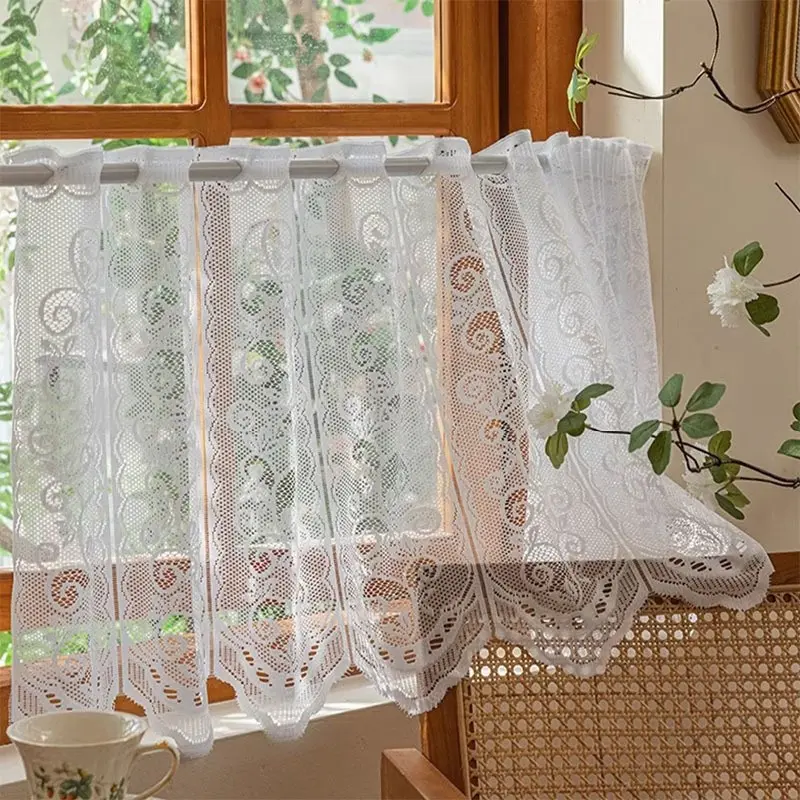 1pc Lace Sheer Curtain, Rod Pocket Top, Half Drapery, Easy Care, Suitable for Kitchen, Dining Room, Cafe, Privacy Windows