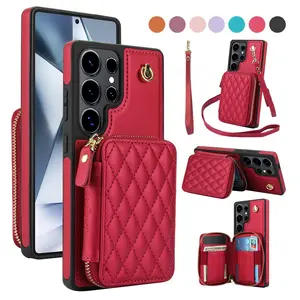 Stylish Crossbody Wallet Case for Samsung Galaxy S25 Ultra S24Plus S24Ultra S23Ultra S23 S22 PU Leather Zipper Handbag, Kickstand, and Wristlet Strap All-in-One Design Protective Case for Women