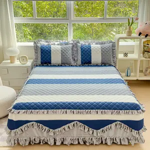 New Thickened Bed Skirt Three-Piece Set, Soft Quilted Design, Elegant Lace Decoration, Breathable Fabric, Easy Care