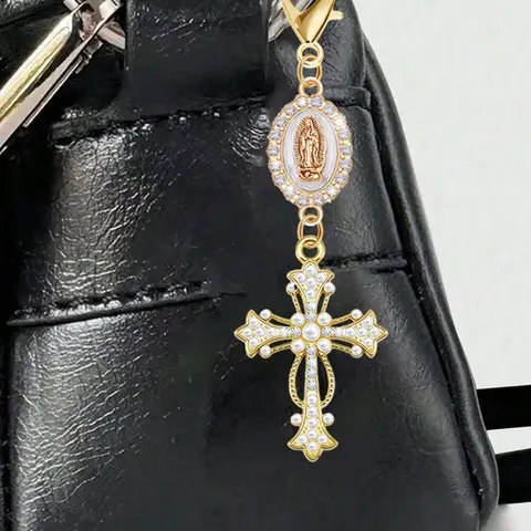 Hollow Cross Keychain, With Inlaid Crystals, Pearls, Purse Charms, For Handbags, Backpacks, Car Keys Accessories, Daily Carry, Gift For Christmas, Valentine'S Day, New Year'S Day, Keychain Accessory