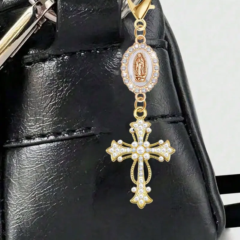 Hollow Cross Keychain, With Inlaid Crystals, Pearls, Purse Charms, For Handbags, Backpacks, Car Keys Accessories, Daily Carry, Gift For Christmas, Valentine'S Day, New Year'S Day, Keychain Accessory