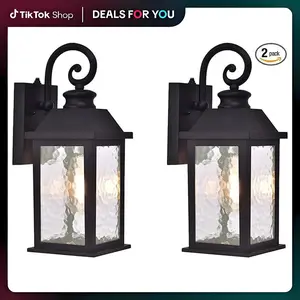 Dusk to Dawn Outdoor Wall Lantern Porch Light Exteriors House Lights Wall Mount Waterproof Anti-Rust Modern Black Sconce Small for Patio Light Fixtures with Water Rippled Glass 2pc (Bulb Not Included)