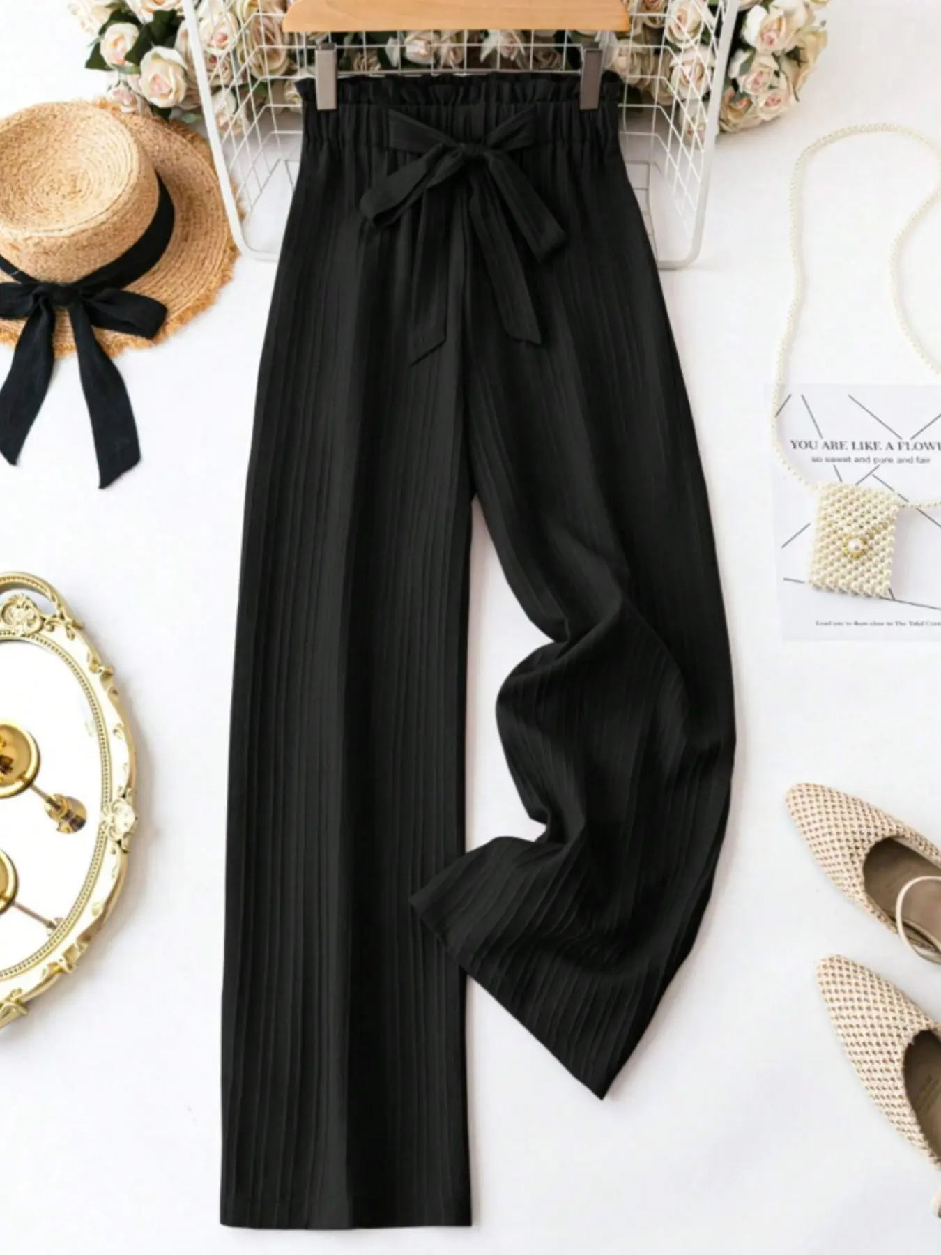 Women's Plain Paper Bag Waist Wide Leg Pants, Casual High Waist Tie Front Trousers for Summer, Fashion Women's Bottoms for Daily Wear