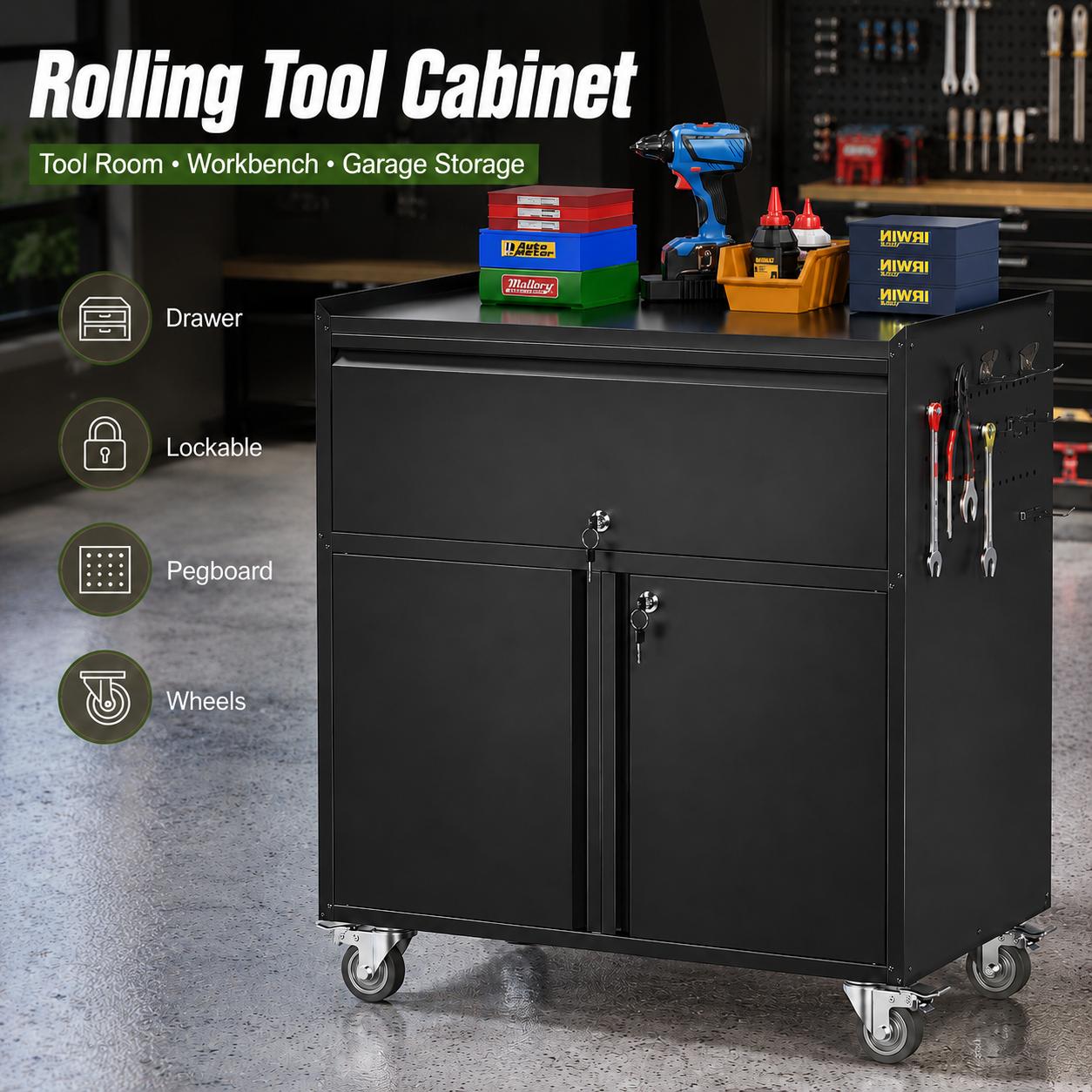 Rolling Tool Cabinet with Wheels, Heavy Duty Metal Garage Storage Cabinet, Lockable Tool Chest with Drawer and Doors, Mobile Workbench Organizer with Side Pegboard Hooks, Utility Storage Cabinet for Tool Room, Workshop, Garage, Home Office, Repair Station