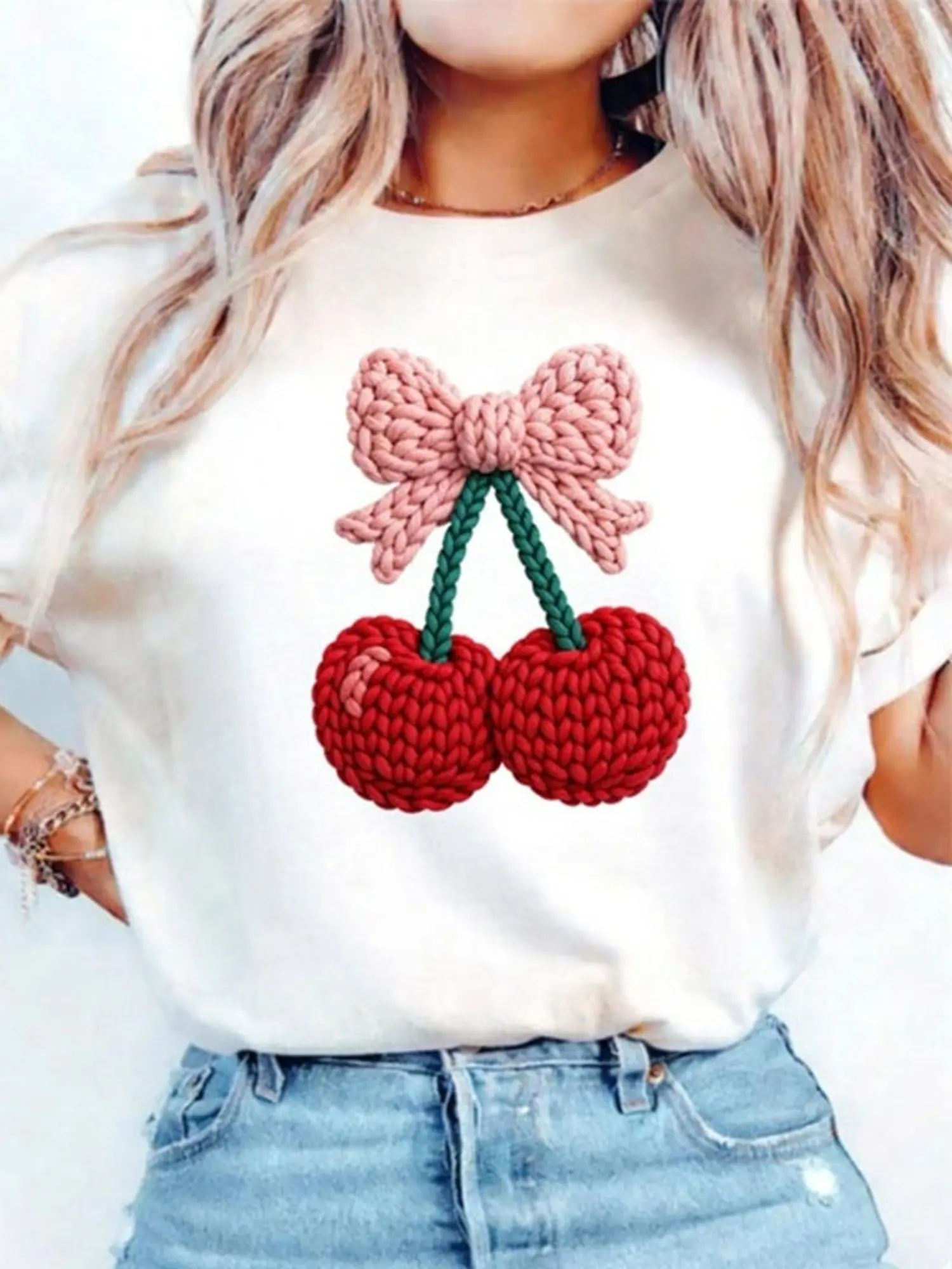 Women's Fashion White T - Shirt with 3D Cherry  Bo