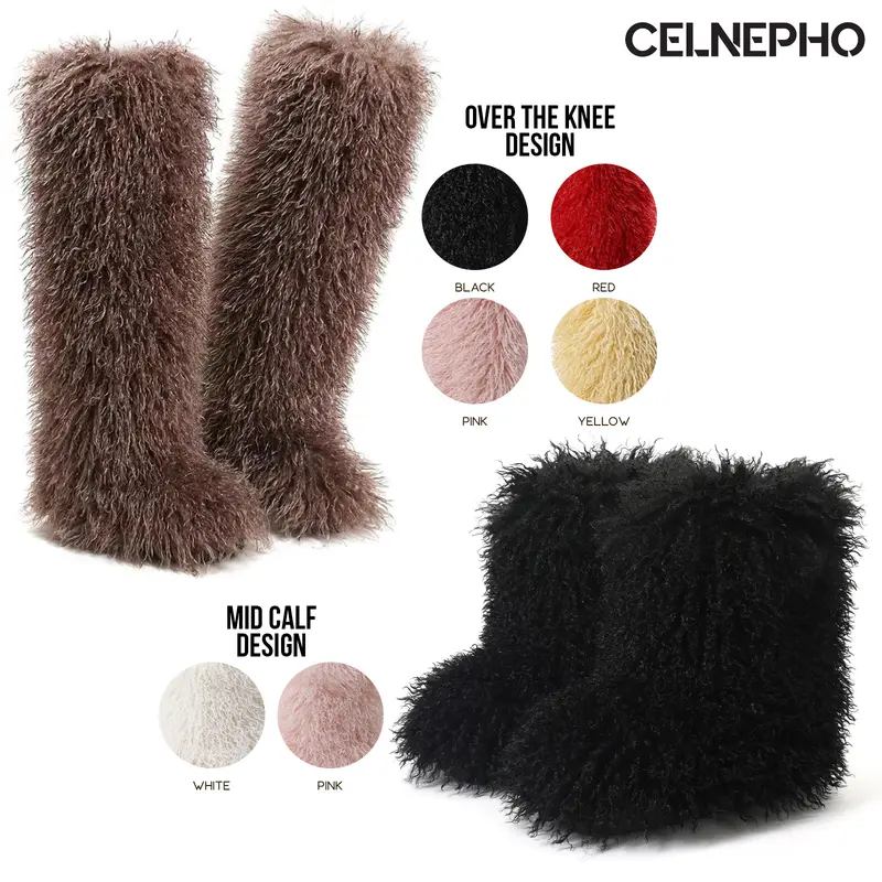 CELNEPHO Faux Fur Boots for Women Round Toe Warm Cozy Mid Calf Boot Flat Heel Fuzzy Plush Easy Pull on for Work Party Date Outdoor Events Gift Casual Wear Trendy Fashion Dress Shoes