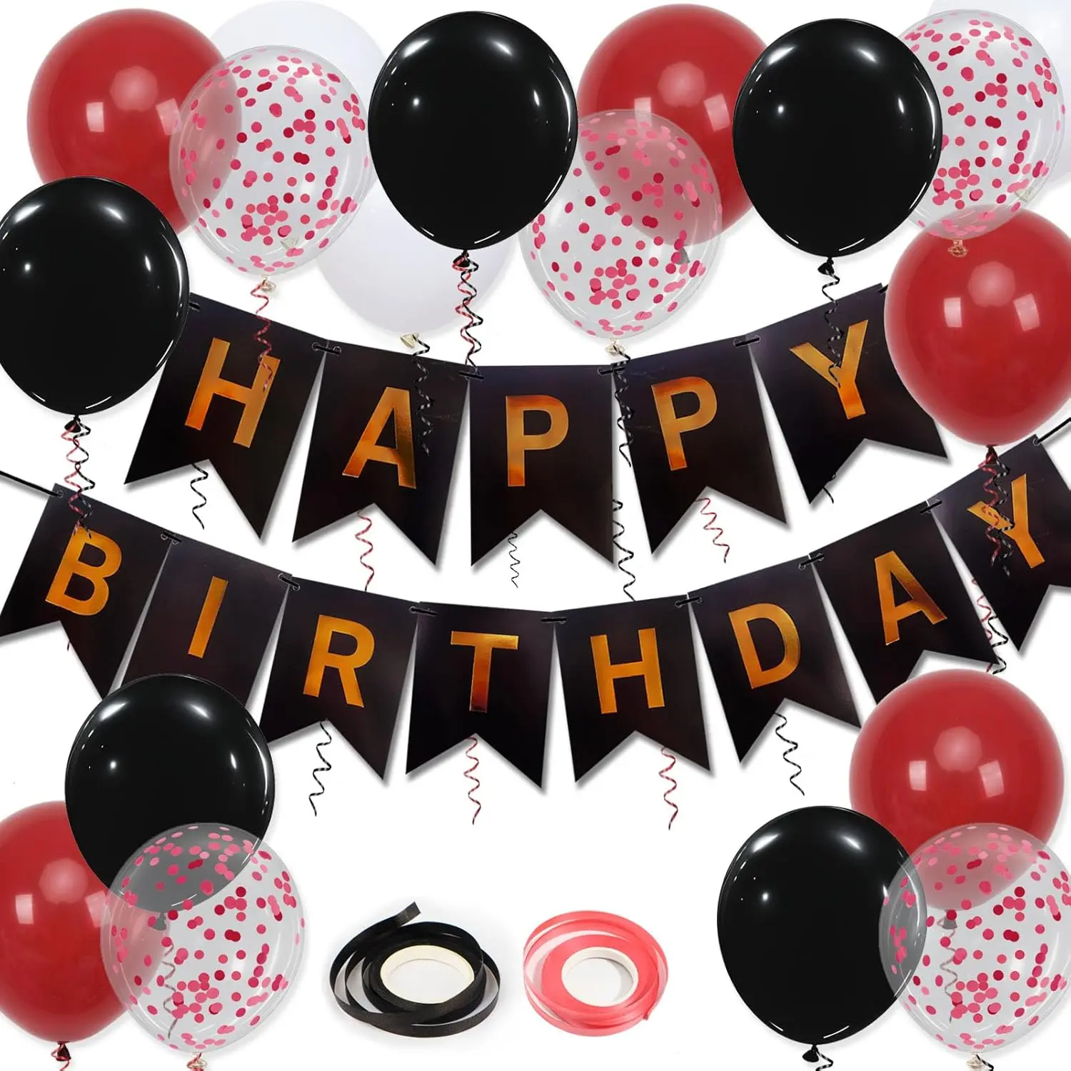 Red Letter Print Birthday Banner & Reusable Double-Layer Latex Balloon Set - 16 Pcs 12in Balloons, 2 Curling Ribbons, Party Decor for Kids' Birthday, Seniors' Anniversary, Baby Shower, Christmas, Halloween