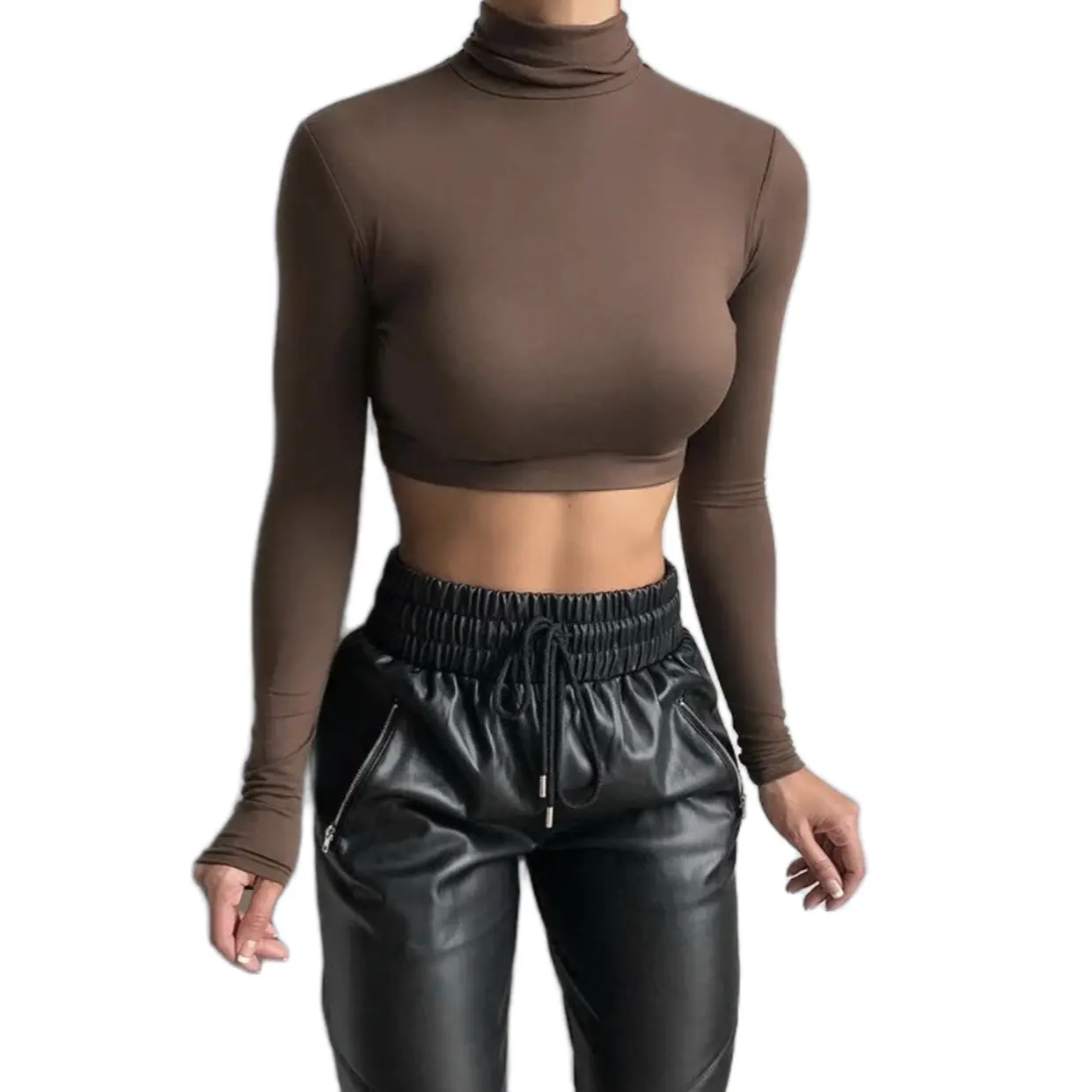 Women's Long Sleeve Turtleneck Top, Solid Ribbed Knit Cropped Pullover, Comfortable and Chic for Casual Fashion Layering, Long Sleeves, Skirts, Formal, Essential, Plain Solid