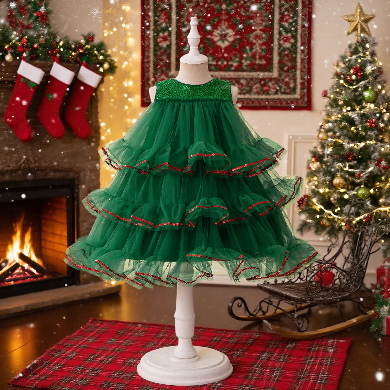 088 Christmas girl dress little girl children's green Christmas tree dress holiday dress puffy sequin princess dress