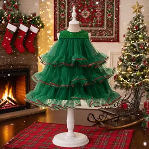 088 Christmas girl dress little girl children's green Christmas tree dress holiday dress puffy sequin princess dress
