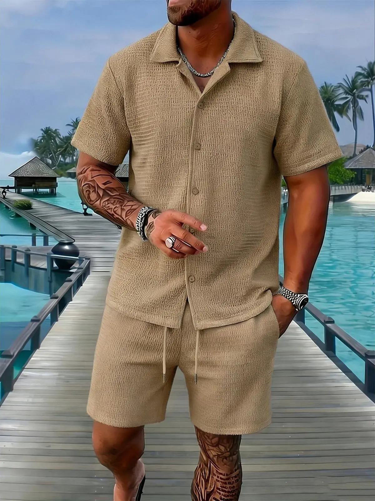 Men's 2-Piece Waffle Texture Plain Menswear Set - Collared Full-Button Shortsleeve Shirt, Elastic Drawstring Casual Shorts, Breathable Comfortable Clothes for Beach Vacations, Daily Wear