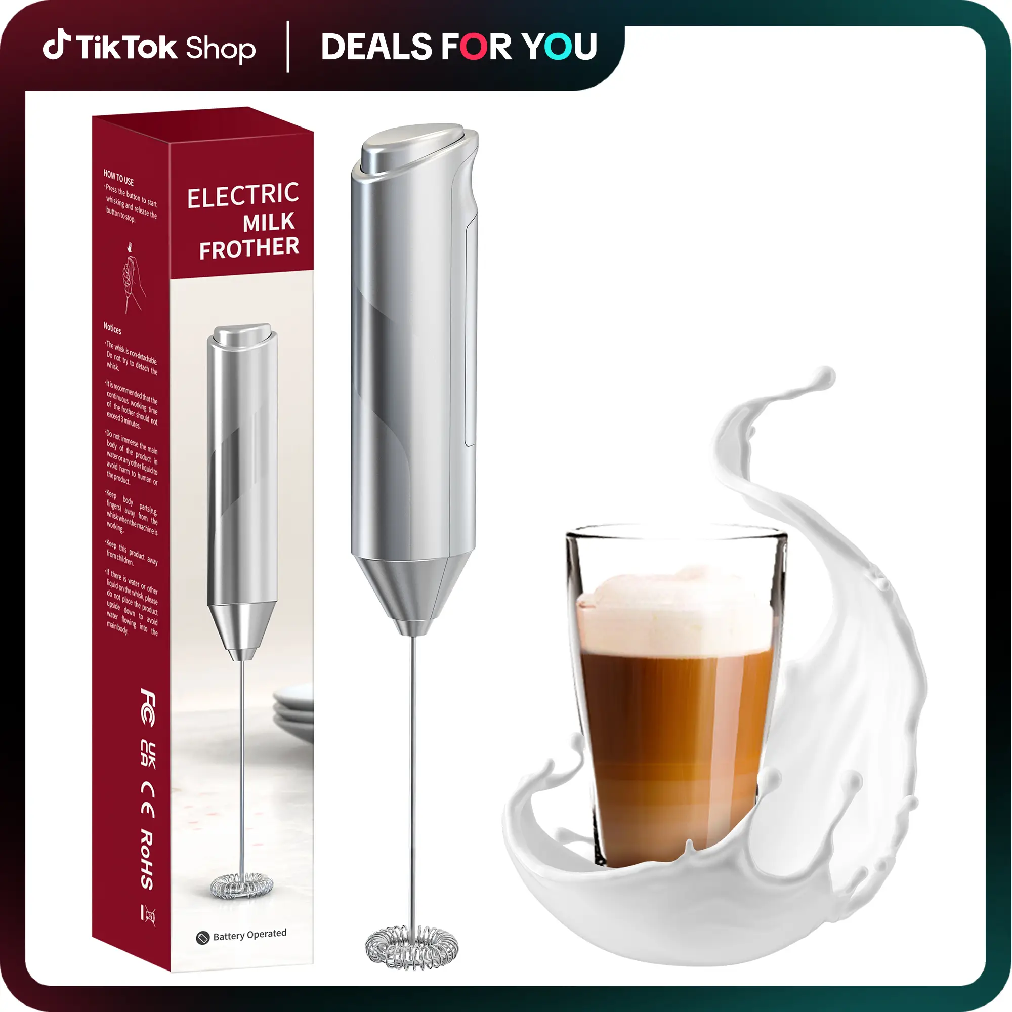 EZBASICS Powerful Milk Frother Wand - Ultra Fast Handheld Milk Frother for Coffee, Lattes, Cappuccino, Frappe, Matcha & More with 5A Batteries Whisk E