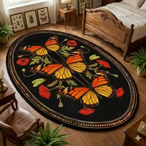 Round Butterfly Pattern Carpet, Bohemian Style Non-Slip Washable Rug, Boho Area Rug, Bohemian Style Rugs, Home Decoration for Living Room & Bedroom, Boho Floral Rug, Perfect Holiday Gift