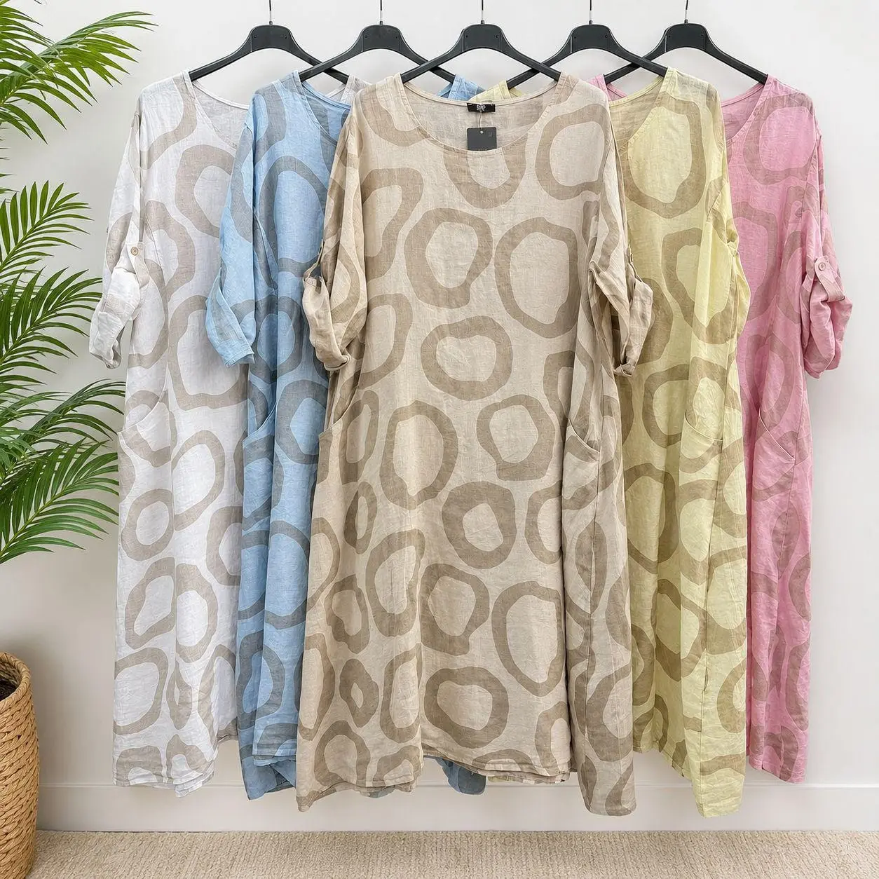 Women's ESYAZO Italian Linen Abstract Circle Maxi Caftan Dress - Elegance, Cool All Day, Everyday Day Wear, Lightweight, Casual Beach Piece, Oversized, Minimalist Vibe, Relaxed One-Size, Adjustable Fit, with Pockets