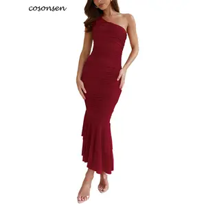 Women's One Shoulder Solid Color Wrap Hip Pleated Tight Fishtail Long Dresses