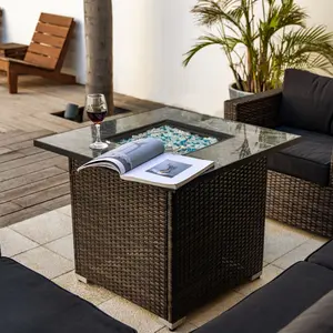 30" Propane Gas Fire Pit Table, 50000 BTU Square Fire Pit, Tile Tabletop with Beautiful Wicker Base for Outside Patio Deck Garden Courtyard