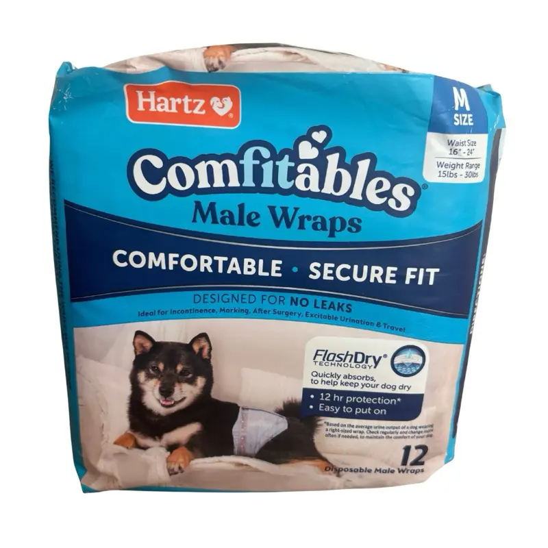 Hartz Comfitables Disposable Male Dog Wraps - Size M, 12 Count, Breathable Fabric, Flashdry, Leak Protection, Secure Fit