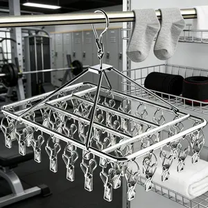 Stainless Steel Home Drying Rack, Multi-Clip Space-Saving Drying and Storage Hanger, Windproof Hanger for Balcony, Dormitory, and Bedroom AB065