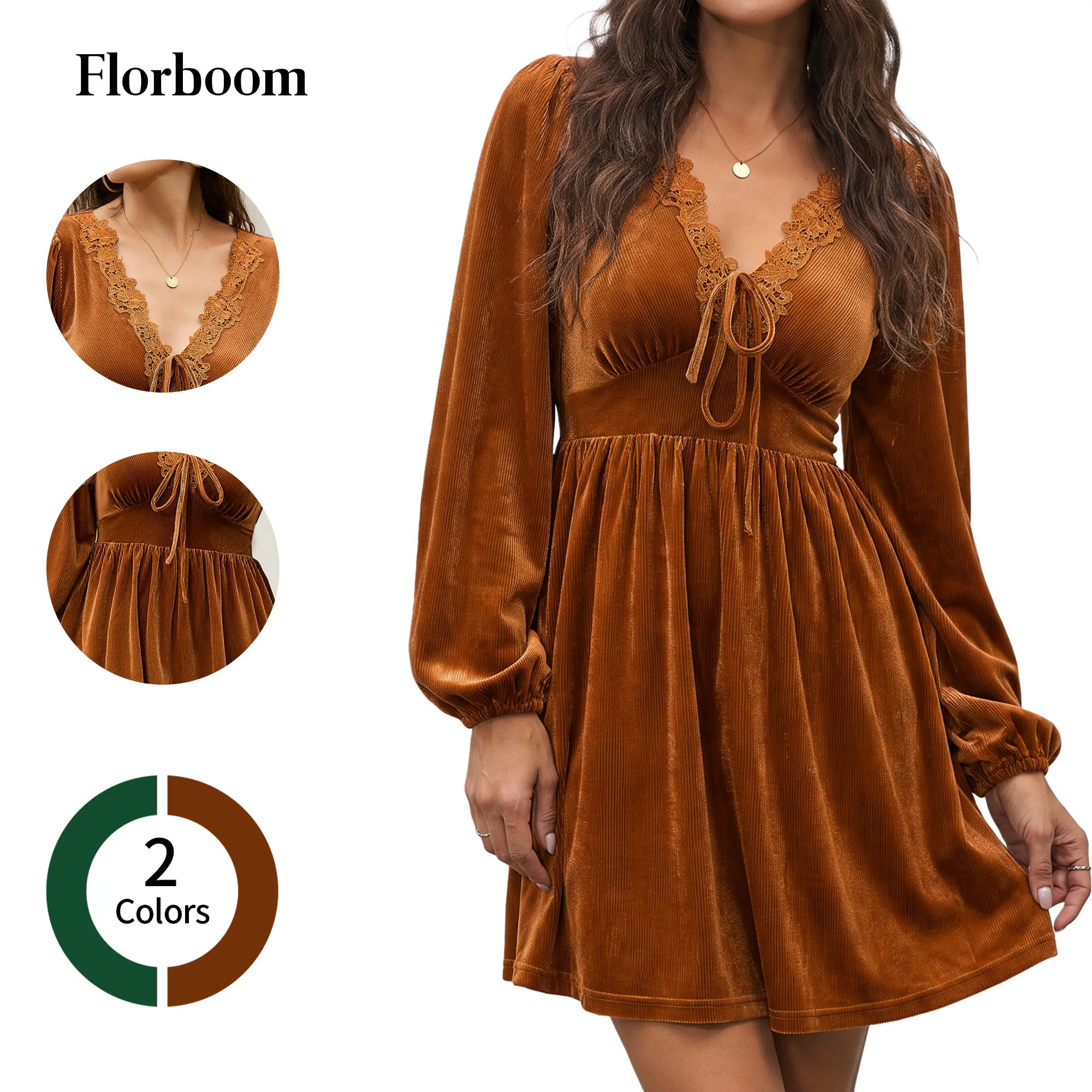 Florboom Women's Velvet Mini Dress, Lace V Neck Long Sleeve Empire Waist Swing Dresses, Tie Front Boho Short Sun Dress for Fall Autumn, Date Night, Casual Party, Brunch Outfit, Trendy Outfits