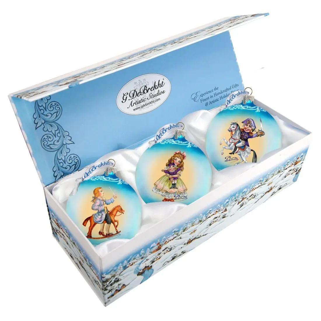 G.DeBrekht 73740-S3 Hand-Painted Vintage Satin Christmas Nutcracker Ballet Decorative Glass Ornaments, 3x3.5 in., 3-Piece Set with Deep Iridescent Finish & Gift Boxes for Holiday Decoration