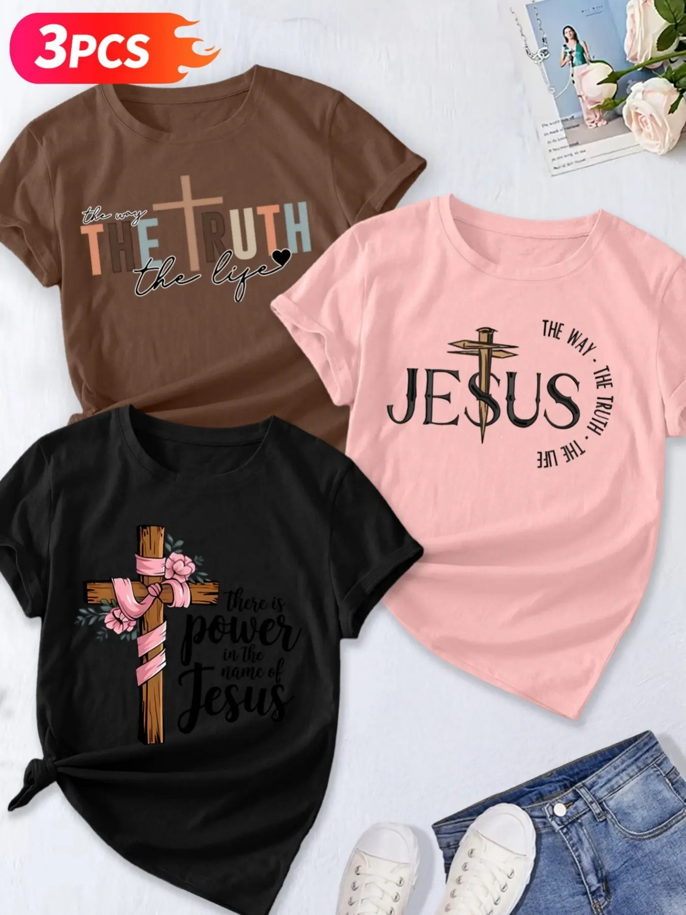 Women's Casual Short Sleeve Crew Neck Cotton T-Shirt – 3PCS Christian Cross & Inspirational Slogan Graphic Print Set, Multicolor, Machine Washable Spring & Summer Top, Soft Cotton Fabric, Daily Versatile, Fashion Design