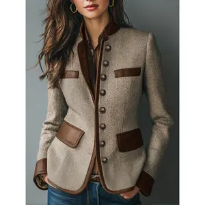 Women'S Vintage Elegant Jacket - / Brown - Structured Stand Collar Blazer Coat with Button Front Closure