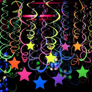 56 Pieces UV Hanging Swirl Decorations Paper Neon Streamer Ceiling Star Neon Garlands Black Light Glow Decor for Dark Glow Birthday Neon Party Supplies and Favors