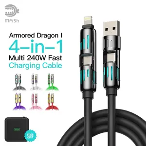 MFish Armored Dragon I 4-in-1 Multi 240W Fast Charging Cable with USB A Type C Lightning for iPhone17 Samsung Laptops Charger