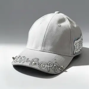 Hand Painted Baseball Cap with Wings Design - Gray Color and "BORN" Embroidery Detail