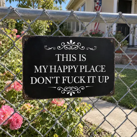 "Don’t F*ck It Up This Is My Happy Place" Durable Metal Sign - Lightweight Pre-Drilled Hanging Plaque, 12×8in/16×12in, Novelty Decor for Apartment Roommates, Funny Gift, Home Decor Items, Kitchen Accessories