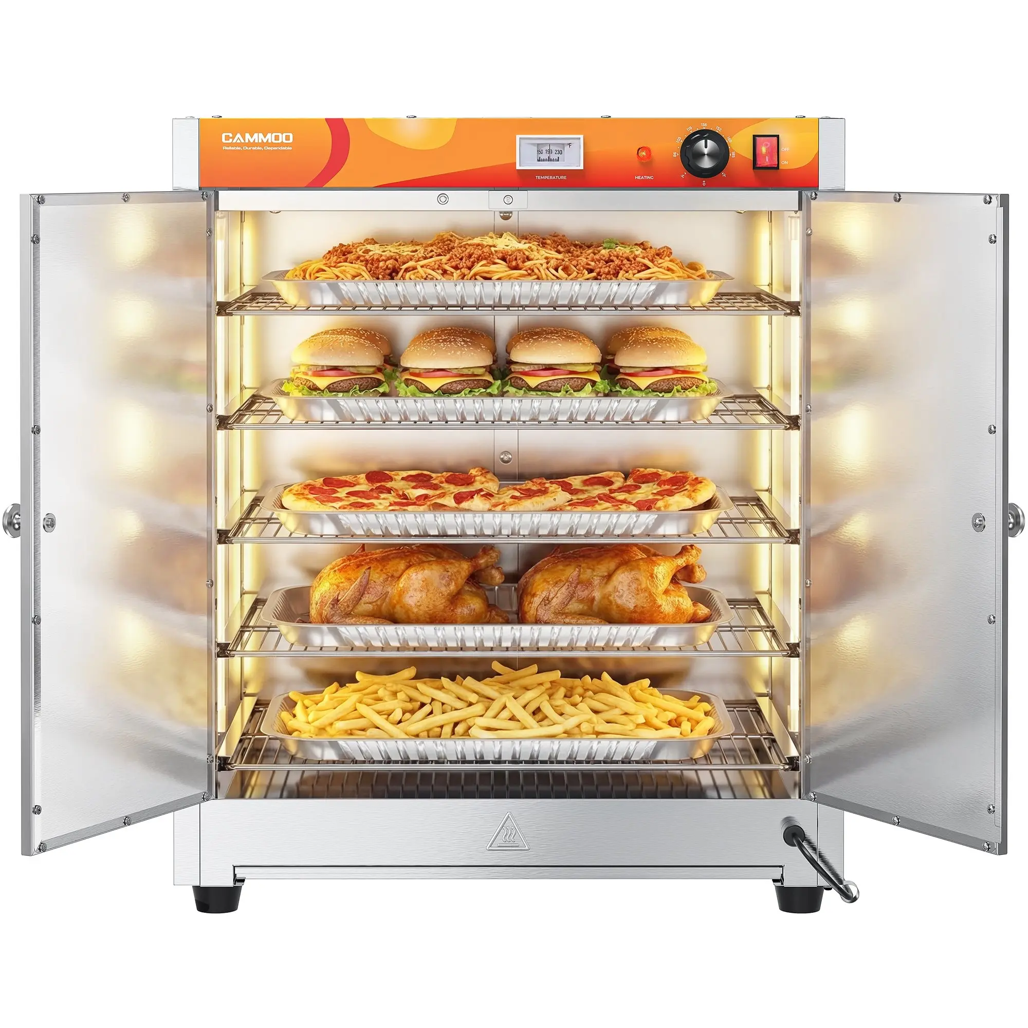 【Back To School】CAMMOO Commercial-Grade 133Qt 5-Tier 900W Electric Food Warmer, Countertop Heated Holding Cabinet with LED Light, 304 Blued Stainless Steel Heating Element, Adjustable Shelf, All Stainless Steel Build campingessentials
