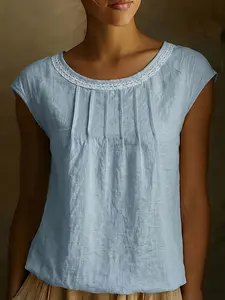 Women's Elegant Vacation Style Lace Collar Linen Blend Breathable Round Neck Top, Loose Fit Slimming Cover-Up, Versatile Sleeveless Vest
