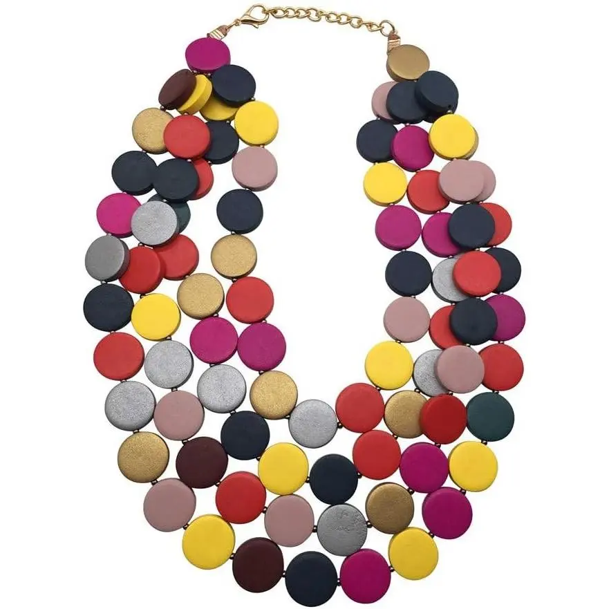 Multicolor Chunky Layered Wood Beaded Long Strand Bib Necklace For Women Fashion Costume Jewelry