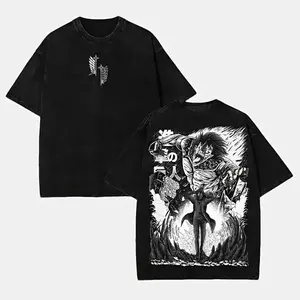 Menswear Round Neck Casual Distressed Festive Retro Heavy Limited Eren Yeager Attack on Titan Double-Printed Vintage T-Shirt I44