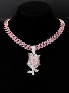 Rosed-Shaped Pendant Necklace with Cuban Chain, Unisex Romantic Jewelry, Elegant Necklace, Perfect Gift for Friends & Loved Ones, Cuban Link Chain