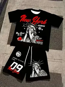 Men's New York Letter Print Round Neck Pullover Set with Shorts, Statue of Liberty Pattern, Summer Streetwear, Casual Fitted Style