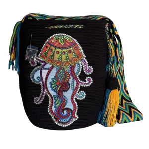 Handmade Crochet Jellyfish Bag with Stonefix – Black Artisan Crossbody Mochila