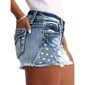 Women's Distressed Denim Shorts with Star Embroidery, Raw Hem Stretch Jeans, Casual Summer Denim Shorts, Ripped Design, Comfortable Fit, Blue Denim, Sizes 5-10, Jean Shorts Womenswear Zipper