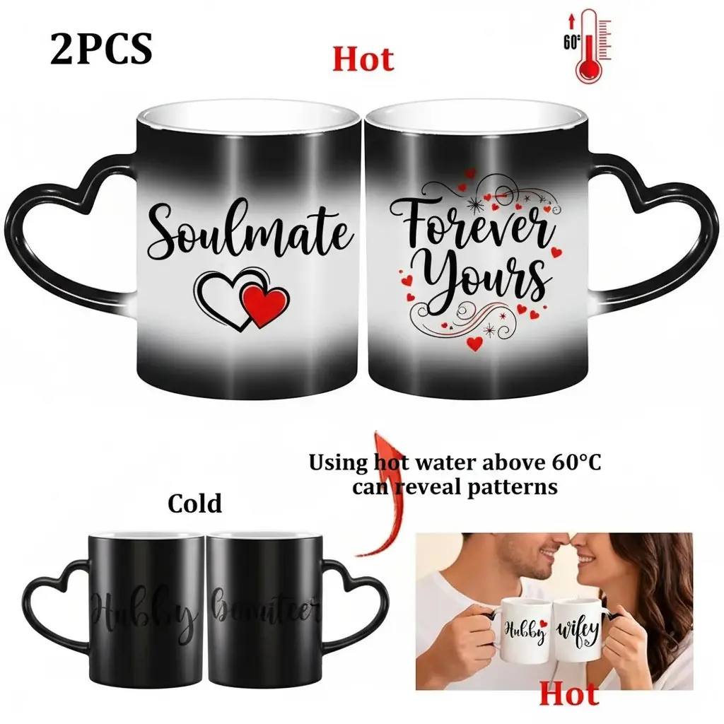 2PCS Thermosensitive Color-Changing Couple Mugs Set - Heart-Handle Cups with "Hubby" & "Wifey" Cold Design that Reveals "Soulmate" & "Forever Yours" When Hot Water Above 60°C is Added, 11 Oz/330 Ml, Romantic Coffee Lover Gifts, Valentine's Day & Ann