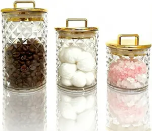 3-Pack Diamond-Cut Acrylic Storage Jars with Gold Lids – Airtight Clear Canisters for Bathroom & Kitchen | Apothecary Jars for Cotton Pads, Qtips, Snacks, Candy & Home Organization
