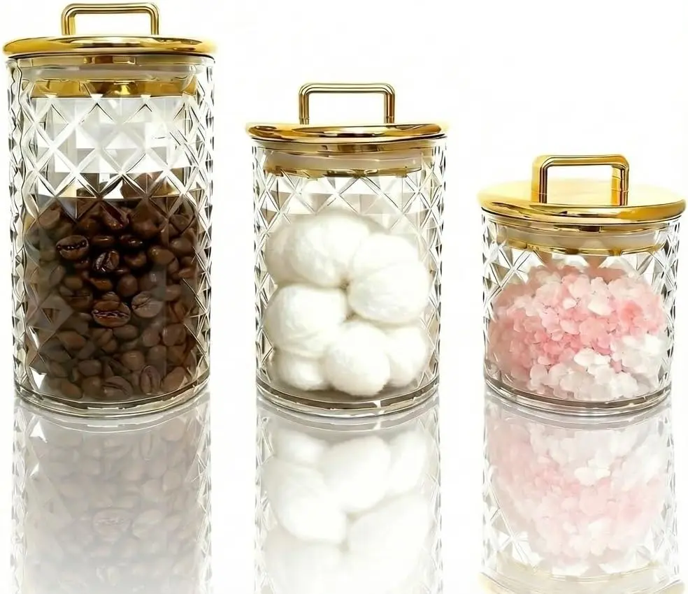 3-Pack Lightweight Decorative Diamond-Cut Acrylic Storage Jars with Gold Lids - Airtight Varied Sizes Organiser Containers for Vanity & Home Use, Ideal for Cotton Pads, Qtips, Cookies