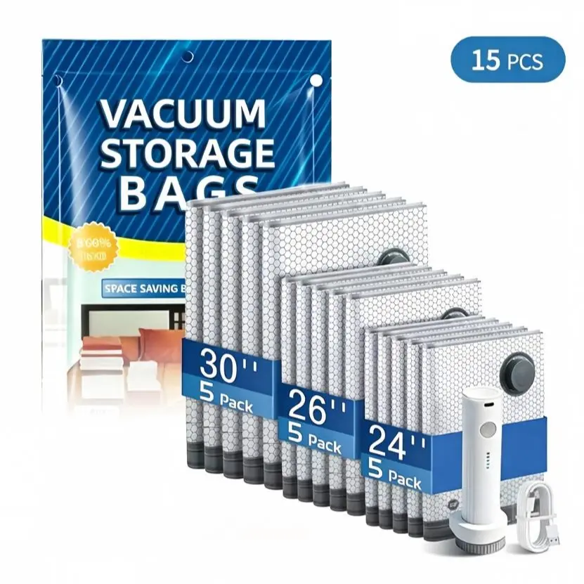 [2026 Upgraded] Cordless Travel Vacuum Bag Set Vacuum Bags for Travel with Rechargeable air Pump Vacuum Storage Bags, Compression Space Saving for Clothes and Linens, Reusable with Hand Pump,  15-Pack#SummerVibes