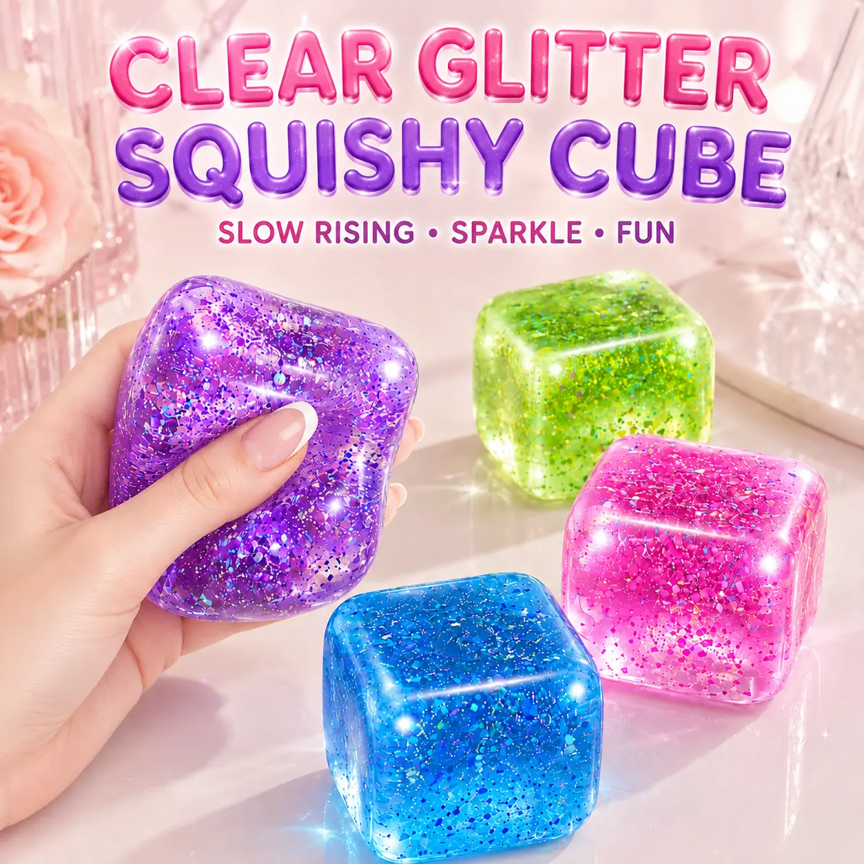 Clear Glitter Squishy Cube Toy, Slow Rising Jelly Fidget Sensory Toy, Satisfying ASMR Squeeze Cube for Kids Teens Adults, Cute Stress Relief Gift Birthday Party Favor
