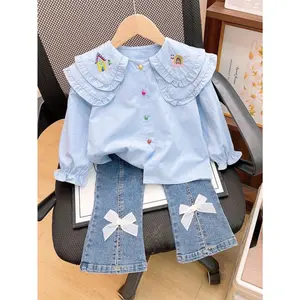 NewGirls' Spring & Autumn Fresh Sweet Two-Piece Set: Collar Blouse + Bow Denim Flared Pants, Perfect for Outdoor