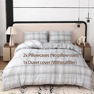 Plaid Lines Geometric Down Comforter Set, Dual-Sided Printed Zipper Closure, 3-Piece Light Bedroom Bedding Set, Includes 8 Corner Straps & 2 Pillowcases