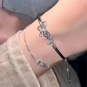 2PCS Women's Elegant Butterfly Design Bracelet+Bangle,Exquisite Trendy Bracelet Fashionable Jewelry for Women & Girl As Gift,daily Outfit Decor