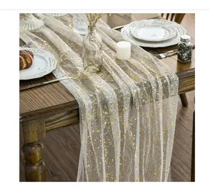 Beige Gold Gauze Table Runner 120 Inch 10FT, Glitter Metallic Foil Sheer Dining Wedding Anniversary Holiday Birthday Table Decor for Home Party