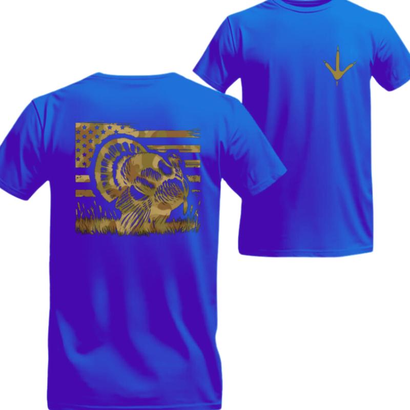 Wild Turkey Camo Flag T-Shirt – Patriotic USA Flag and Turkey Graphic, Tactical Hunting Style, Rugged Outdoor Streetwear Look, Unisex Fit – Trending TikTok Shop USA Spring 2025